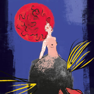 Illustrazione di una figura femminile con lunghi capelli rossi a forma di corallo. Il busto si trasforma gradualmente in una formazione rocciosa subacquea, abitata da piccoli pesci che nuotano e si nutrono. L’opera simboleggia la sessualità femminile come elemento naturale, vitale e misterioso.