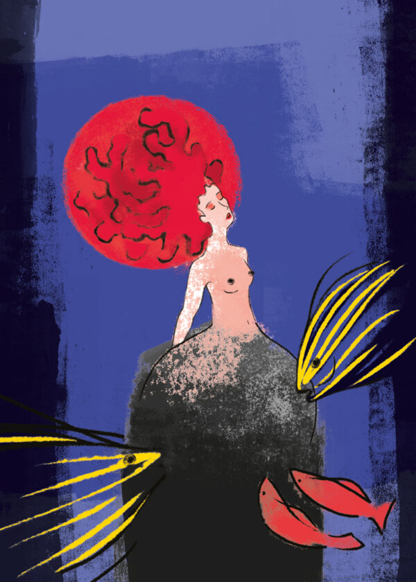 Corallo Illustrazione simbolica di una figura femminile con lunghi capelli rossi a forma di corallo. Il busto si trasforma gradualmente in una formazione rocciosa subacquea, abitata da piccoli pesci che nuotano e si nutrono. L’opera simboleggia la sessualità femminile come elemento naturale, vitale e misterioso.