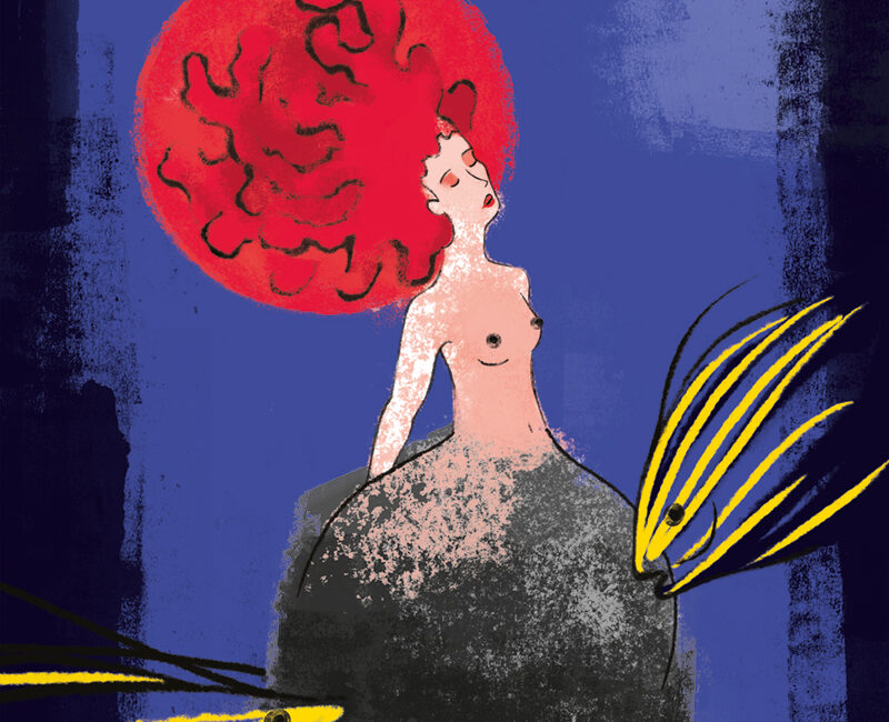 Corallo Illustrazione simbolica di una figura femminile con lunghi capelli rossi a forma di corallo. Il busto si trasforma gradualmente in una formazione rocciosa subacquea, abitata da piccoli pesci che nuotano e si nutrono. L’opera simboleggia la sessualità femminile come elemento naturale, vitale e misterioso.
