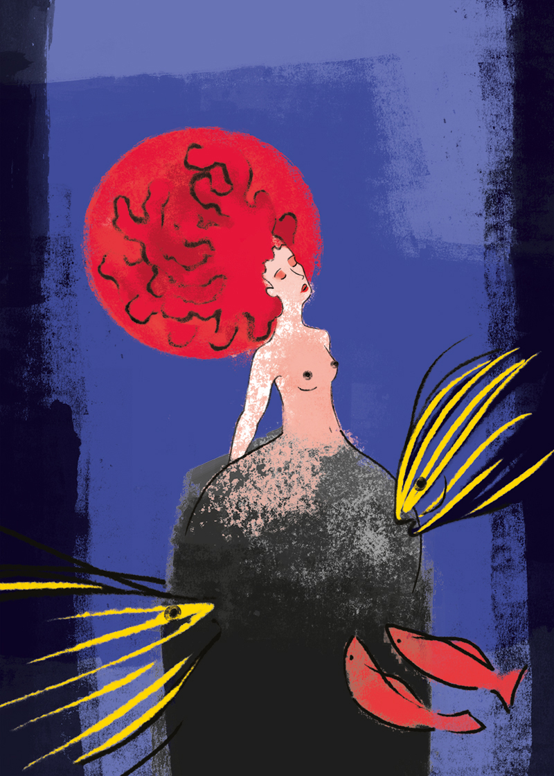 Corallo Illustrazione simbolica di una figura femminile con lunghi capelli rossi a forma di corallo. Il busto si trasforma gradualmente in una formazione rocciosa subacquea, abitata da piccoli pesci che nuotano e si nutrono. L’opera simboleggia la sessualità femminile come elemento naturale, vitale e misterioso.