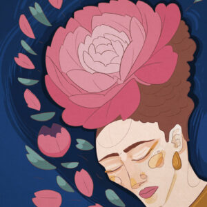 Ritratto illustrato di Frida Kahlo, raffigurata con i suoi tratti iconici: sopracciglia folte e unite, capelli raccolti con fiori colorati, orecchini vistosi e uno sguardo intenso. Sullo sfondo motivi floreali e simboli che richiamano la cultura messicana