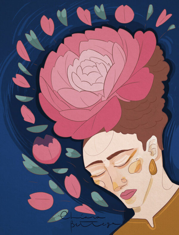 Ritratto illustrato di Frida Kahlo, raffigurata con i suoi tratti iconici: sopracciglia folte e unite, capelli raccolti con fiori colorati, orecchini vistosi e uno sguardo intenso. Sullo sfondo motivi floreali e simboli che richiamano la cultura messicana