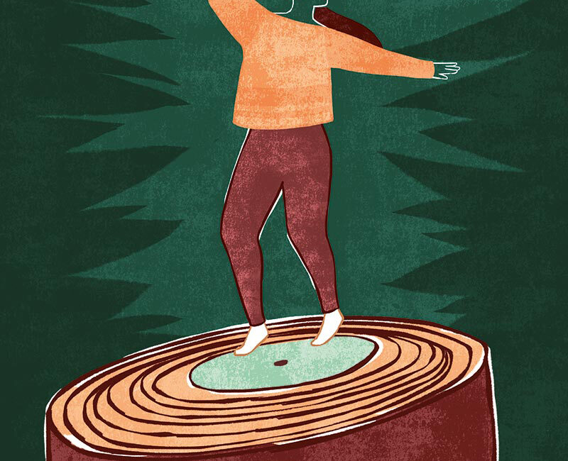 Un'illustrazione di una giovane donna che balla da sola su un vinile ricavato da un tronco d'albero, simbolo di libertà e solitudine, ispirata alla scena del film The Lobster. Un'opera che esplora la danza come atto di autodeterminazione e introspezione - An illustration of a young woman dancing alone on a vinyl made from a tree trunk, symbolizing freedom and solitude, inspired by a scene from the film The Lobster. A piece that explores dance as an act of self-determination and introspection