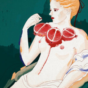 Illustrazione di una donna seminuda, ritratta frontalmente con un melograno aperto posato sul petto. Il frutto, simbolico e maturo, rilascia succo rosso che cola lungo la pelle, evocando dolore, sensualità e forza vitale.
