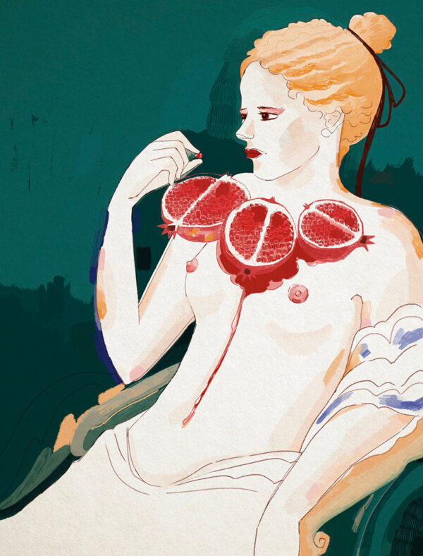 Illustrazione di una donna seminuda, ritratta frontalmente con un melograno aperto posato sul petto. Il frutto, simbolico e maturo, rilascia succo rosso che cola lungo la pelle, evocando dolore, sensualità e forza vitale.
