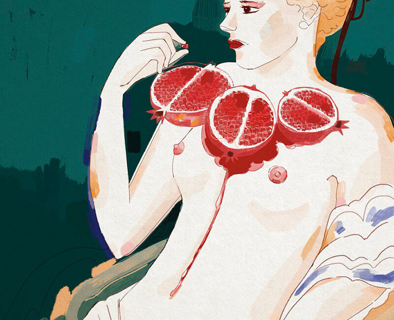 Illustrazione di una donna seminuda, ritratta frontalmente con un melograno aperto posato sul petto. Il frutto, simbolico e maturo, rilascia succo rosso che cola lungo la pelle, evocando dolore, sensualità e forza vitale.