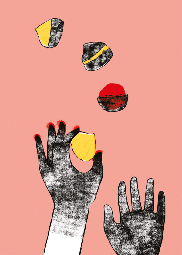Illustrazione autunnale minimalista con castagne disposte a rappresentare le fasi lunari, realizzata nei toni di nero, rosso e giallo su sfondo rosa.