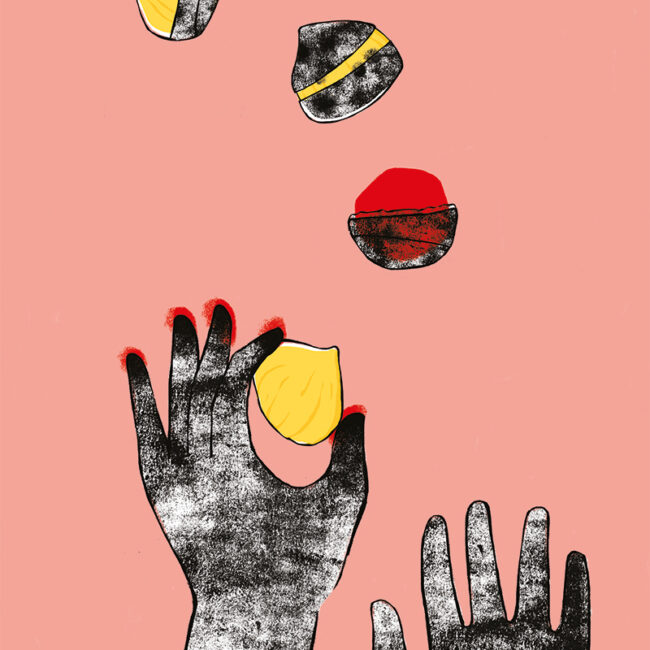 Illustrazione autunnale minimalista con castagne disposte a rappresentare le fasi lunari, realizzata nei toni di nero, rosso e giallo su sfondo rosa.