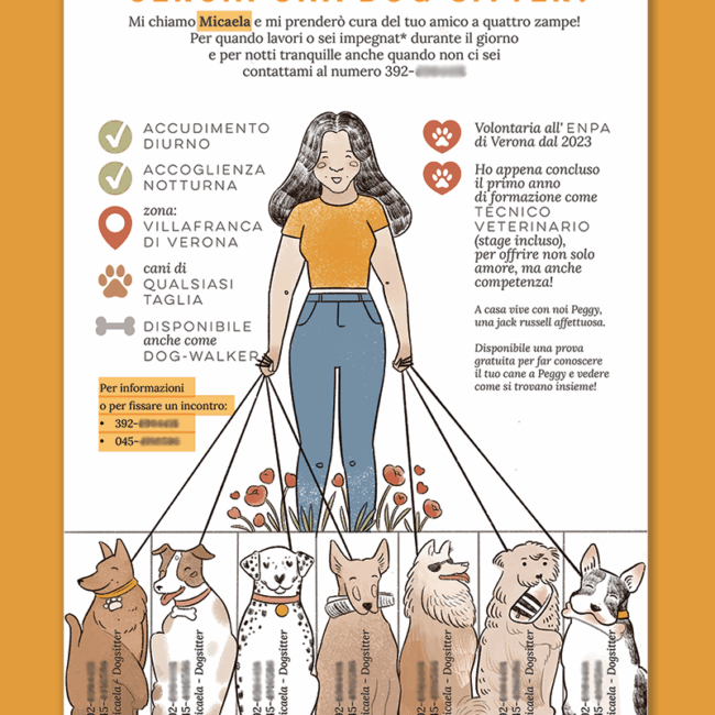 Volantino illustrato per una dogsitter con illustrazione di cani su commissione