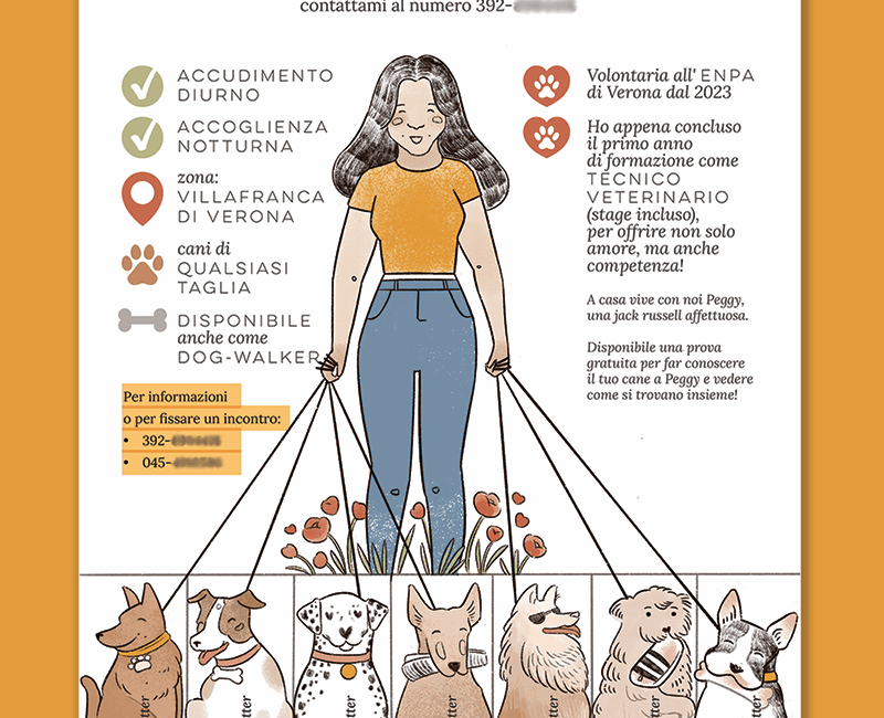 Volantino illustrato per una dogsitter con illustrazione di cani su commissione