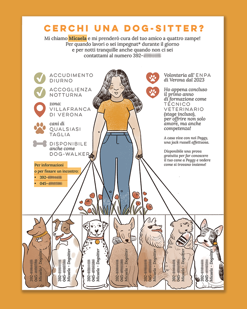 Volantino illustrato per una dogsitter con illustrazione di cani su commissione
