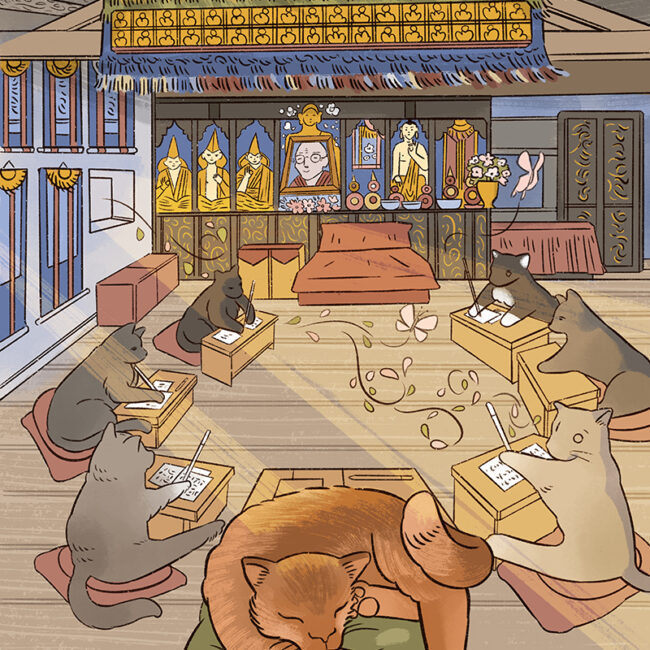 Illustrazione di un gatto rosso addormentato su un cuscino all'interno di un gompa tibetano, circondato da gatti che meditano e scrivono in cerchio.