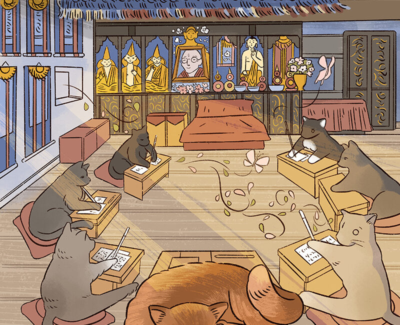 Illustrazione di un gatto rosso addormentato su un cuscino all'interno di un gompa tibetano, circondato da gatti che meditano e scrivono in cerchio.