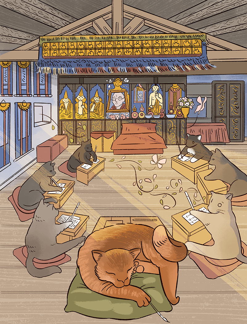 Illustrazione di un gatto rosso addormentato su un cuscino all'interno di un gompa tibetano, circondato da gatti che meditano e scrivono in cerchio.